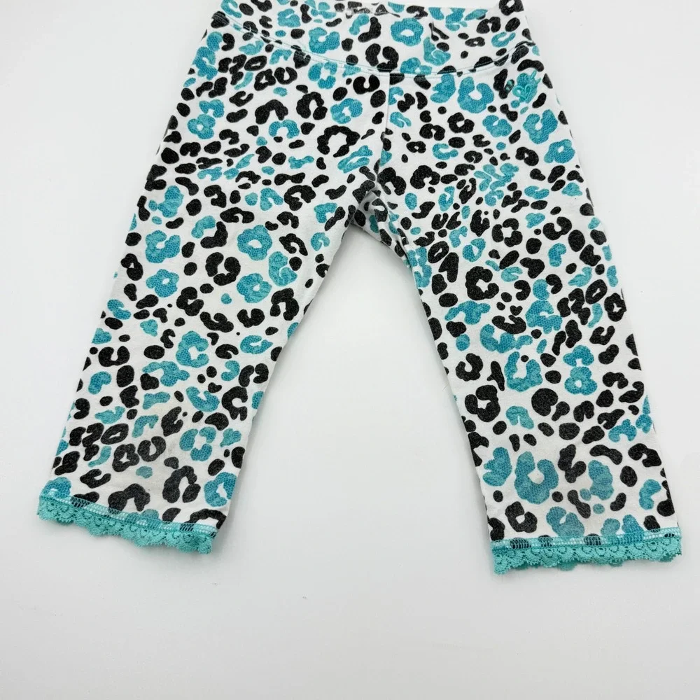 Justice Girls Y2K Leopard Print Cropped Leggings Teal & Black Lace Trim Size 6